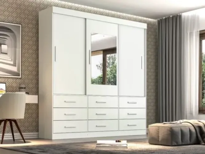 Guarda-Roupa New Star 3 Portas e 9 Gavetas Com Espelho e Pés - Branco l3