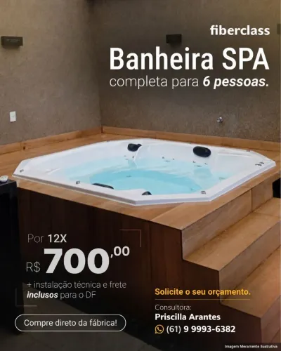 Banheira SPA completa, instalada, Aquecida, iluminada,com apoios de cabeça para 06 pessoas