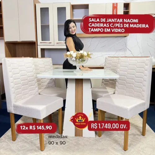 PROMOÇÃO URGENTE - Mesa de Jantar Naomi com Tampão em Vidro 4 CADEIRAS apenas 12x R$145,90