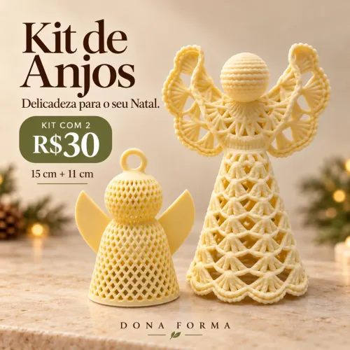 Kit 2 Anjos de Natal Decorativos 15cm e 11cm para Vela LED