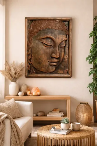 Quadro Budha Zen alto relevo com pintura cobre metálico envelhecido