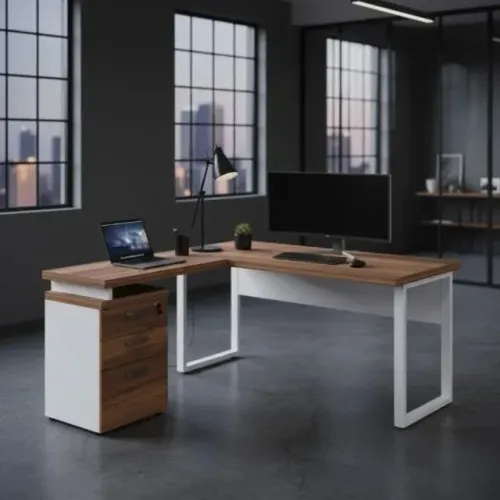 Mesa Escritório em L 1,70x1,60 c Gaveteiro Nogal Sevilha/Branco Conjunto Executivo 34340