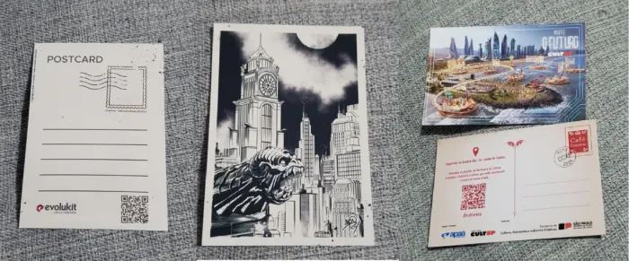4 cartão postal = 2 postal arte ivan reis evolukit + 2 postais café futuro ccxp eu fui