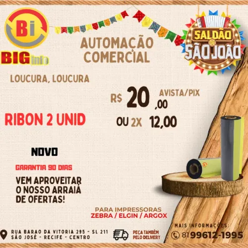 Kit 2 Rolos Ribbon Cera 110x74m Impressora Térmica Elgin L42 - Argox - Zebra