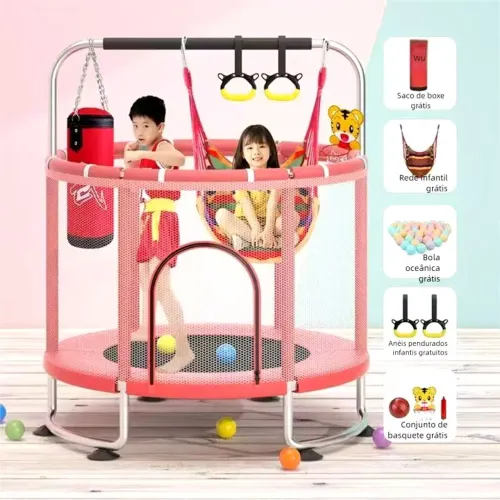 Conjunto completo de trampolim infantil suspenso pequena rede de proteção.