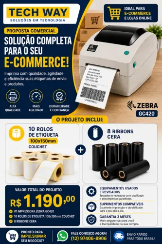 Impressora Zebra GC420 + Etiquetas + Ribbon | Kit Completo E-commerce