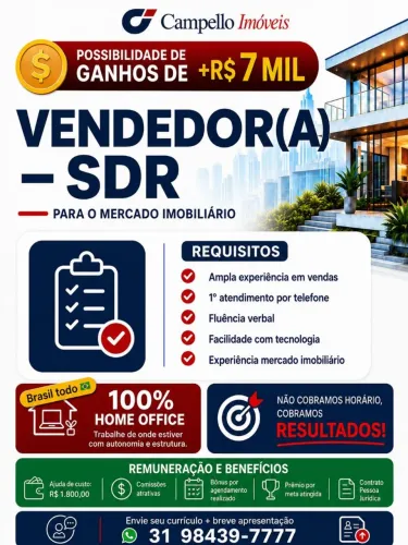 vaga para vendedora home office/presencial (hibrido) com experiencia