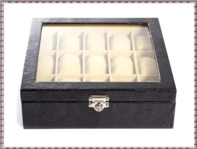 Porta relógios em couro ecológico tampa de vidro e 15 compartimentos - nichos