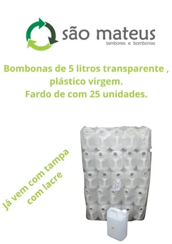 Fardo de bombona de 5 litros Transparente plástico virgem com 25 unidades tampa com lacre