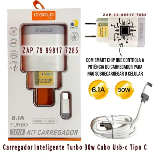 Carregador Inteligente Turbo 30w Cabo Usb-c Tipo C