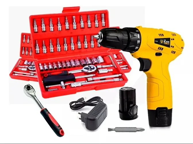 Parafusadeira 12v. + Jogo de Soquetes Catraca e Bits -Kit Ferramentas - Pronta Entrega