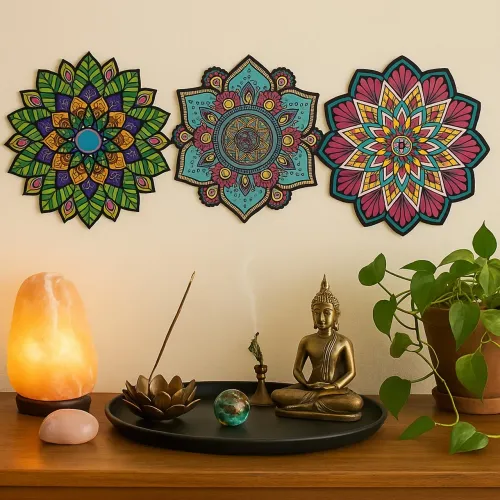 Kit Trio de Mandalas MDF Coloridas Esotéricas 