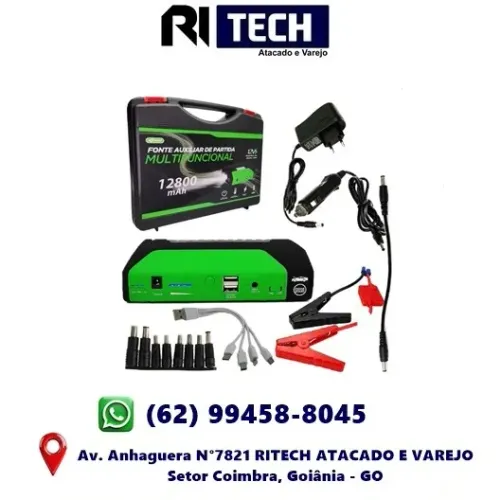 Auxiliar de Partida Multifuncional 12800mAh 12v Moto Carro Celular (KP-TC07 Led USB)