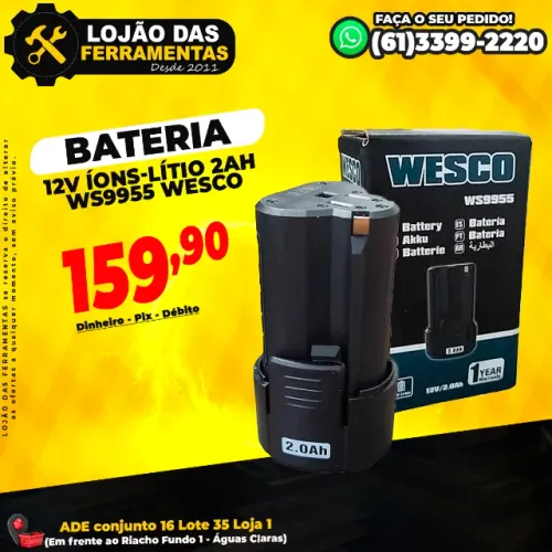 Bateria 12v Íons-Lítio 2Ah Para Parafusadeira Ws9955 Wesco