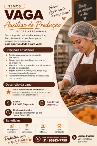 Vaga para Auxiliar de Cozinha (Doceria)