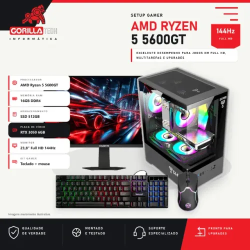 Setup Gamer Completo Ryzen 5 5600GT RTX 3050 6GB 16GB SSD 512GB + Monitor 23,8 144Hz