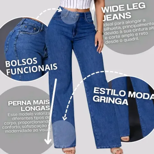 Calça Jeans Feminina Wide Leg Cintura Alta Azul 100% Algodão Casual Elegante número 46
