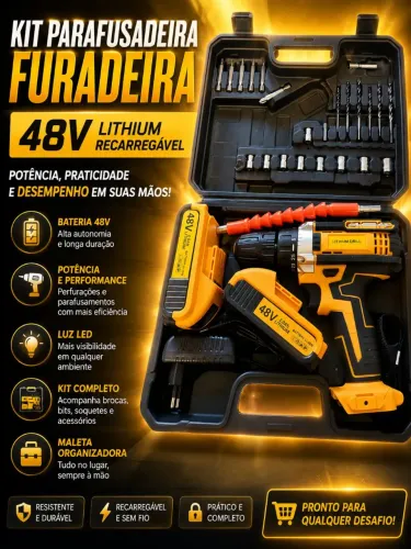 Furadeira parafusadeira sem fio 48V com 2 Baterias.