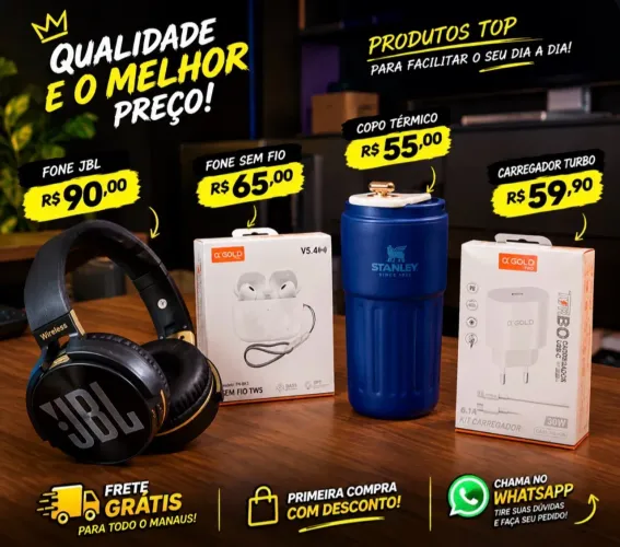 Fone de Ouvido, Carregador, Caixa de som