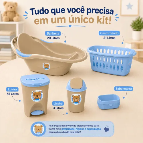 Kit Para Banho Quarto Bebê Baby Menino Banheira Saboneteira Cesto e Lixeiras Azul