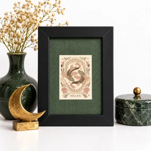 Quadro Decorativo Signo de Peixes Pisces Zodíaco Astrologia Místico Moldura Preta 12x17