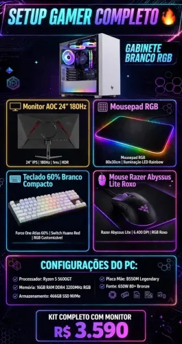 PC GAMER COMPLETO RGB + MONITOR 180Hz - KIT PRONTO PARA JOGAR!
