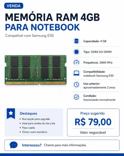 Memória ram para notebook - 4GB 2666Mhz - Seminovo