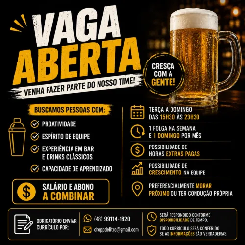 Contrata-se PARA BAR/CERVEJARIA