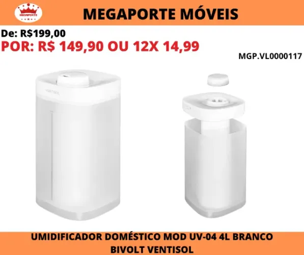 Umidificador de Ar Doméstico 4L Branco Ventisol Bivolt