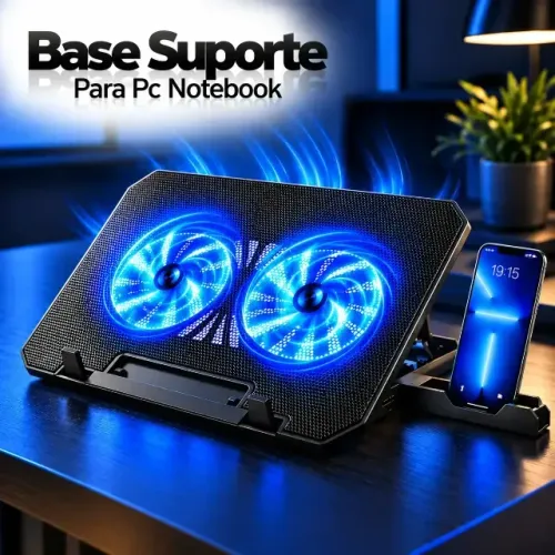 Base Suporte Para Notebook Articulado com 2 Coolers e Suporte para Celular