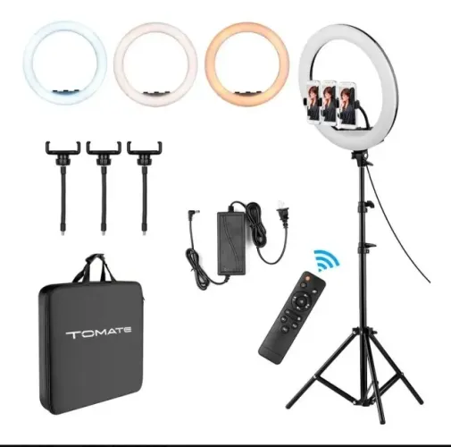 Ring Light Led 18 Polegadas Tomate Kitmlg089 Com Dimmer Y Tripé 1.8m Preto