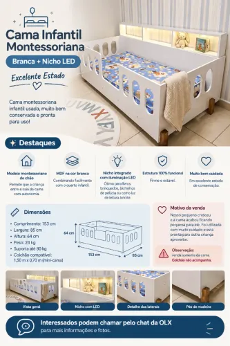 Cama Infantil Montessoriana Branca + Nicho LED | Excelente Estado!!!