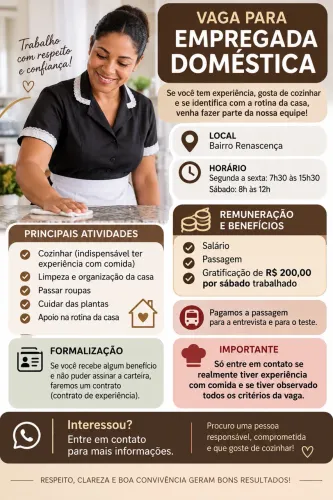 VAGA PARA EMPREGADA DOMÉSTICA