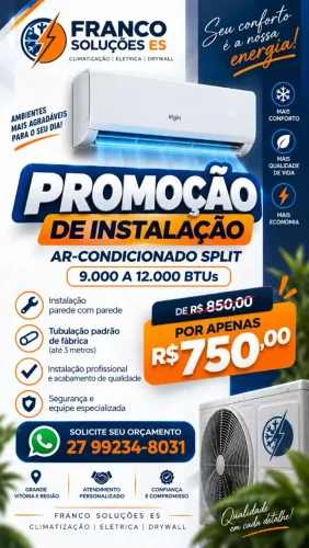 Instalação de Ar-Condicionado Split 9.000 a 12.000 BTUs - R$ 750