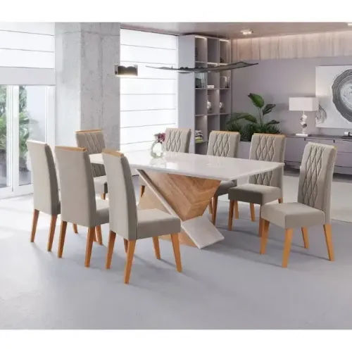 Mesa de Jantar com Tampo de Vidro Temperado e 8 Cadeiras