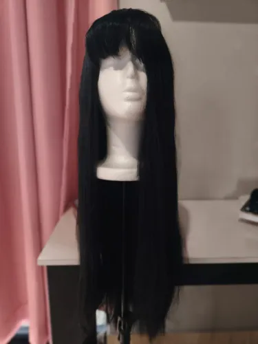 Peruca wig preta lisa com franja sintética cosplay