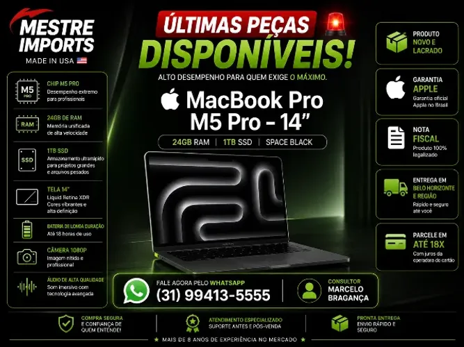 MacBook Pro M5 Pro 14 polegadas 24GB RAM 1TB SSD Space Black Novo Lacrado Nota Fiscal