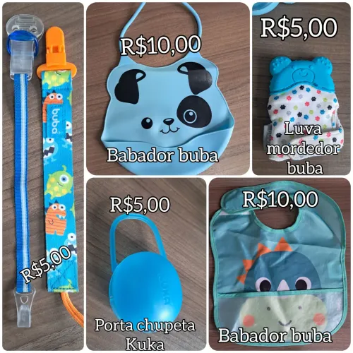 Kit babadores, luva mordedor, porta chupetas, prendedores de chupetas 