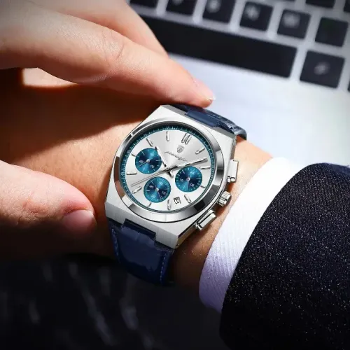 Relógio Poedagar 970 Masculino Cronógrafo Aço Inox Couro Azul