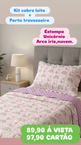 Kit cobre leito arco íris unicórnio dupla face colcha + porta travesseiro