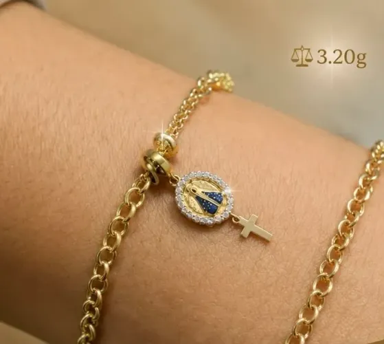Pulseira Elo Português com Nossa Senhora Aparecida em Ouro 18k 750