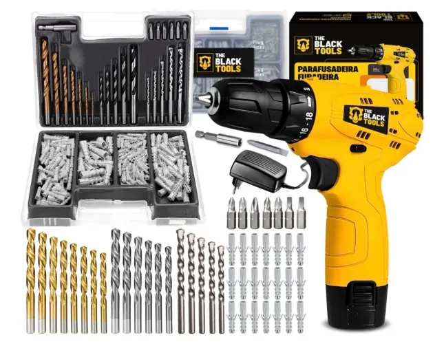 Parafusadeira Furadeira 3/8 A Bateria Tb12a The Black Tools Jogo Brocas E Buchas 300 Peças
