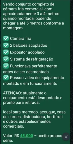 Vende se câmara fria com 2 balcões acoplados mais expositor.
