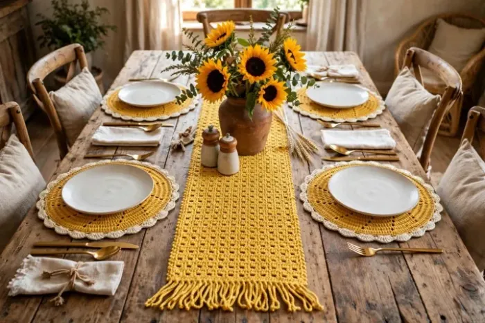 Jogo de lugar americano redondo com caminho de mesa de crochê artesanal