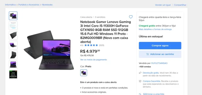 Notebook Gamer | Lenovo IdeaPad Gaming 3i | I5 11° | GTX 1650 4GB | 512GB Nvme 