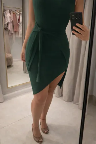Vestido Verde Midi Canelado Fenda Elegante Tamanho G