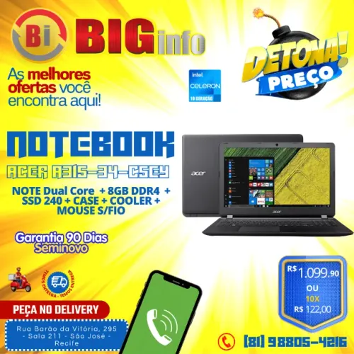 notebook acer aspire 3 a315 Dual Core  Tela 15.6 8gb SSD 240GB Win 11 - Em ate 10x Fixas 