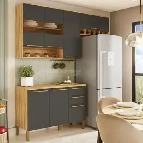 Cozinha Compacta Napoli 7 Portas 2 Gavetas 100% MDF com Vidro Amêndoa/Chumbo - Rio Doce