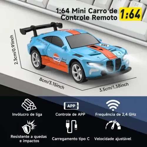 Mini Carro Controle Remoto JCMO 1:64 Azul Com App e USB-C Recarregável