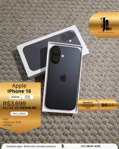 IPHONE 16, 5G, CHIP FÍSICO, 256GB, BAT, 92%,  PRETO, SEMINOVO, EXCLUSIVO!
